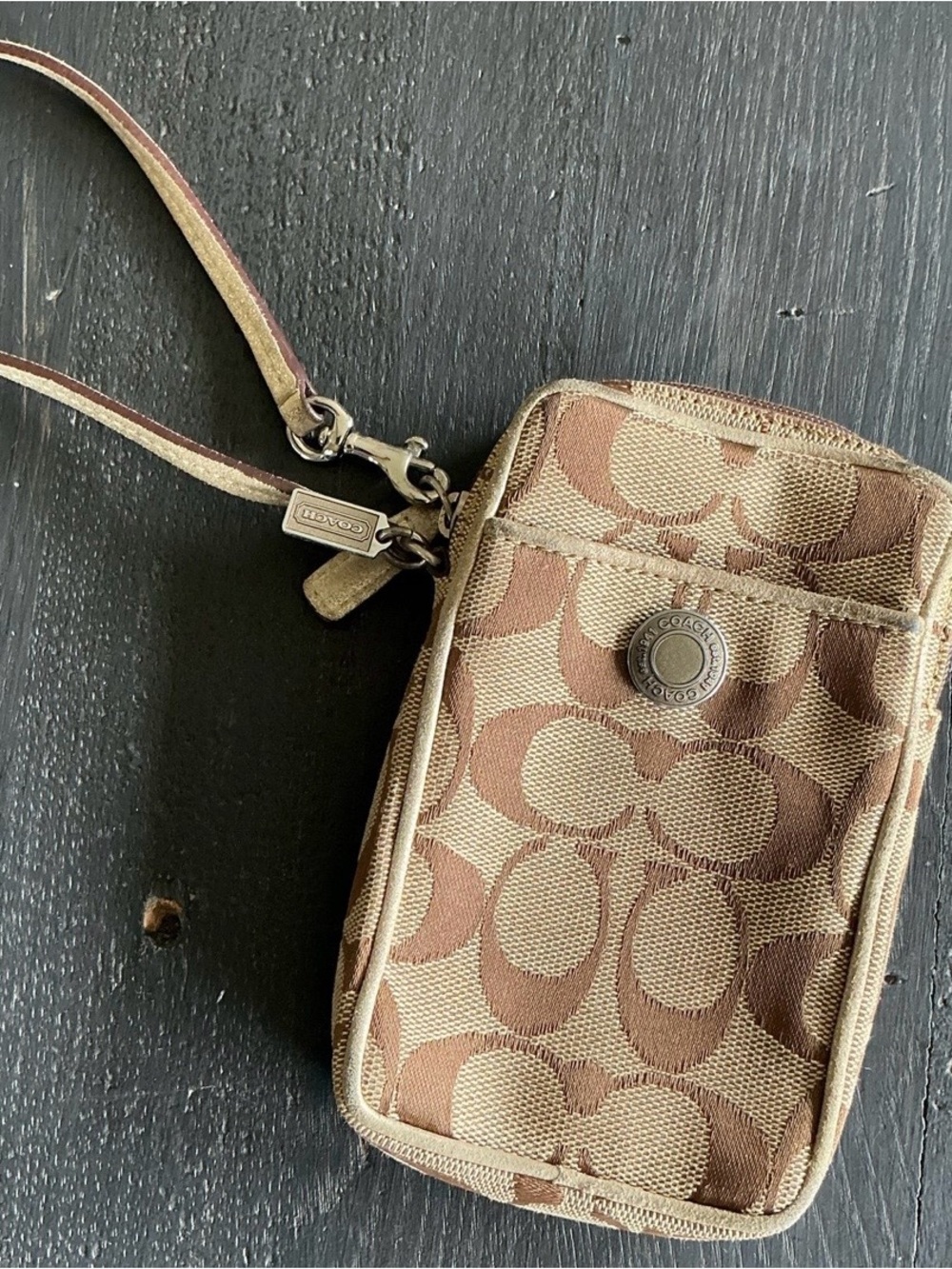 Coach Brown/Tan Signature Canvas Phone Wristlet with Strap
